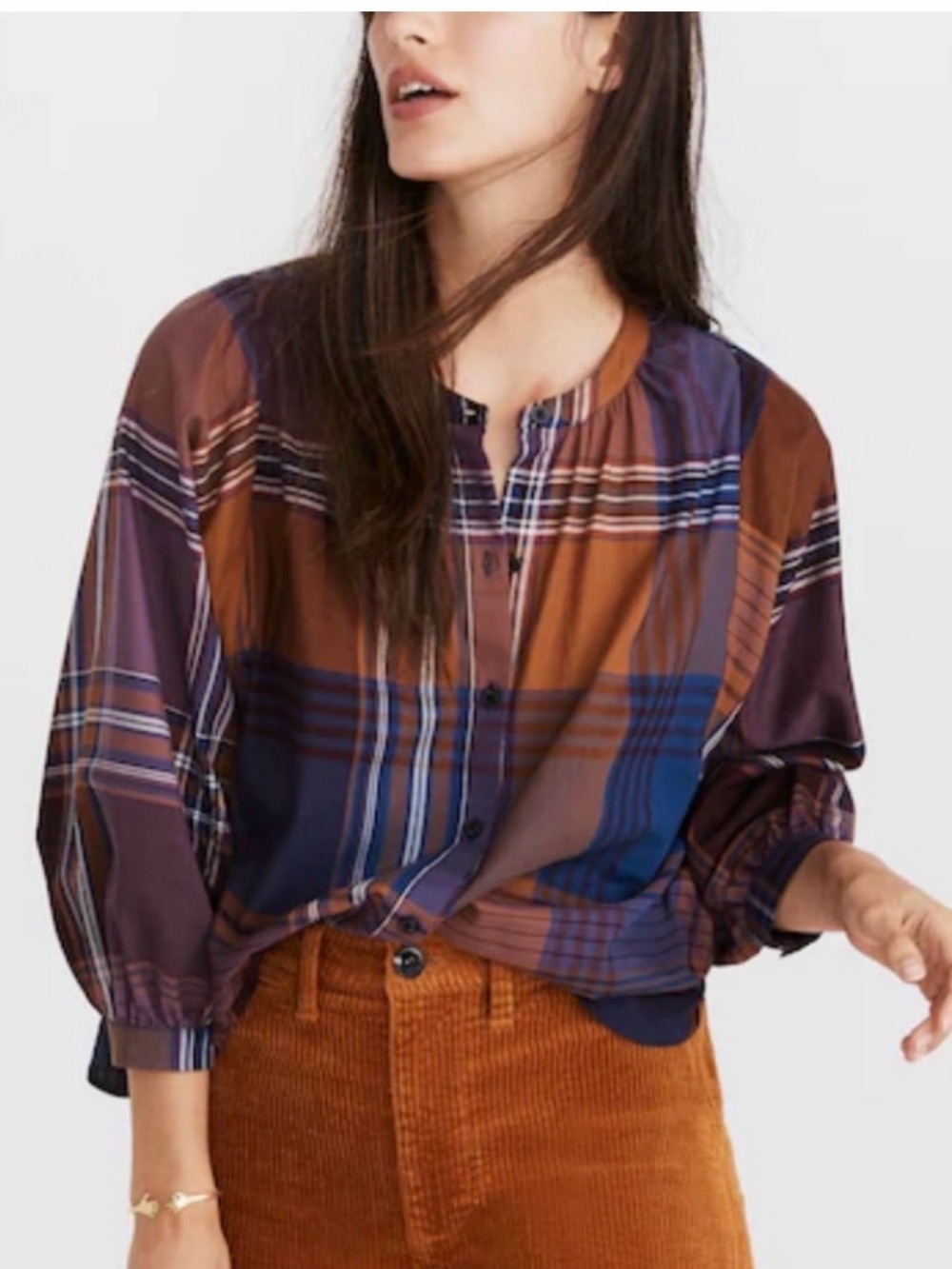 Madewell Plaid Peasant top button down 100% cotton size S